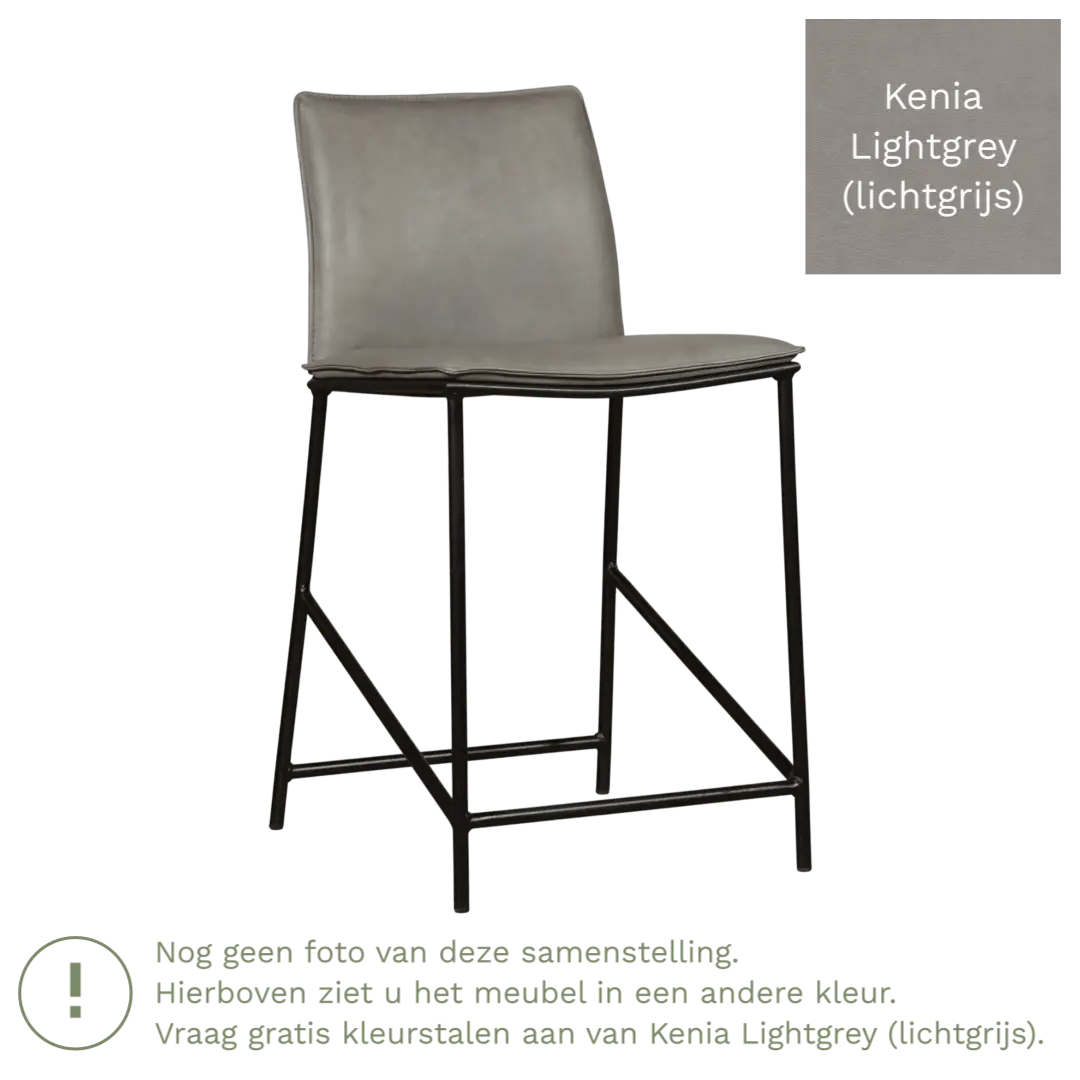 afbeelding van Leren barkruk laag Favor - Kenia Lightgrey (lichtgrijs) - poten staal rond zwart